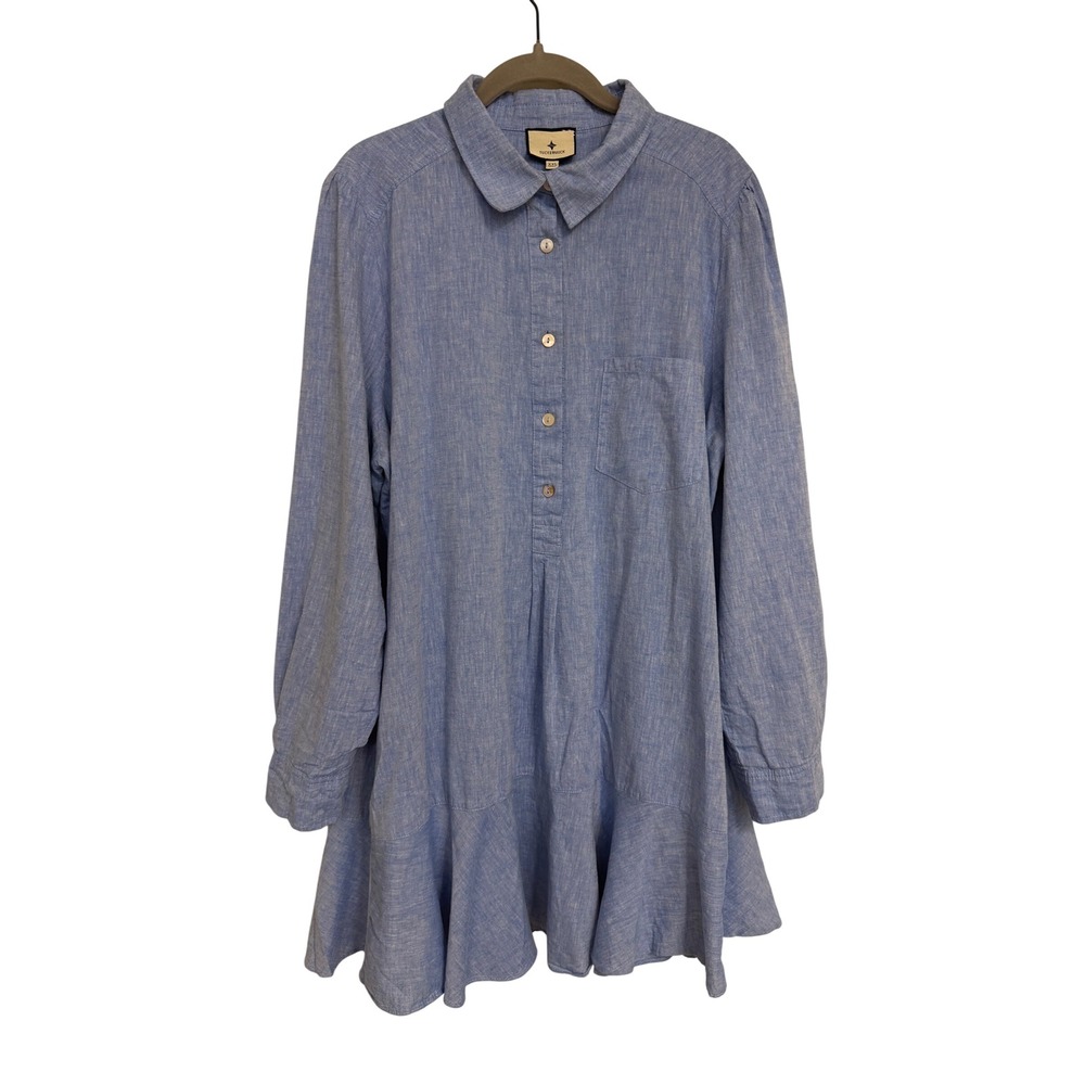 Tuckernuck Blue Chambray Ruffle Hem Shirt Dress Long Sleeve Pockets XXL